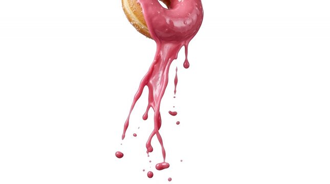 Delicious Golden Brown Donut with Pink Strawberry Glaze Dripping Down in a Splash Effect Isolated on White Background