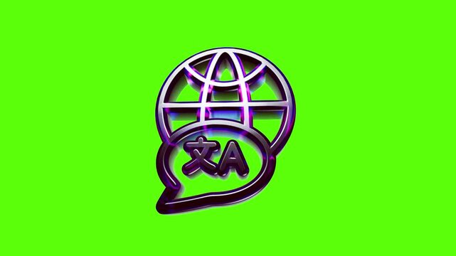 Metallic 3d translation icon with a globe and speech bubble symbol on a vibrant bright green background