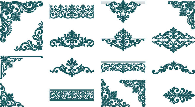 Set of teal blue vintage ornamental corners and borders for frames and decoration.