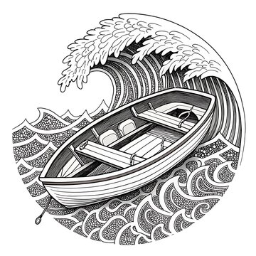 Small wooden boat riding a giant wave in stormy sea