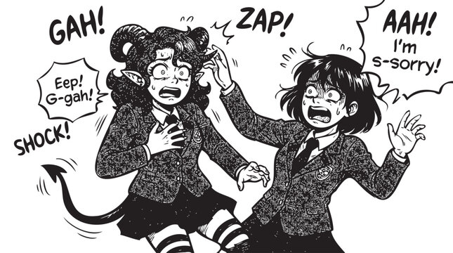 Girl Shocked by Demon Tail, Anime Style Reaction, Shojo Manga Character, Black and White Illustration With Sound Effects, School Uniform Teenagers