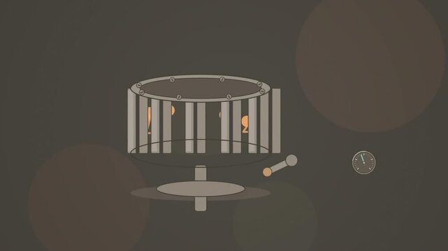Abstract animated zoetrope slits spinning into motion drawn as amber and orange lines and shapes on a deep dark background. Seamless looping 4K motion graphics video with free space for text, ideal fo