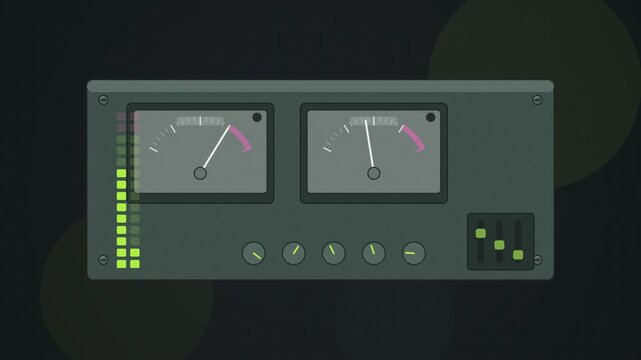Abstract animated audio meter needles chasing peaks drawn as green and teal lines and shapes on a deep dark background. Seamless looping 4K motion graphics video with free space for text, ideal for te