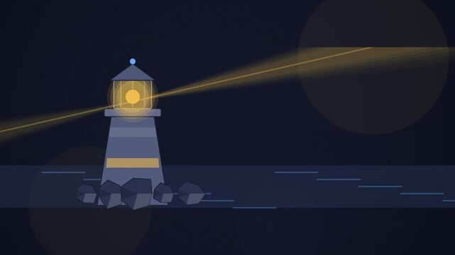 Abstract animated lighthouse beam sweeping across water drawn as blue and cyan lines and shapes on a deep dark background. Seamless looping 4K motion graphics video with free space for text, ideal for