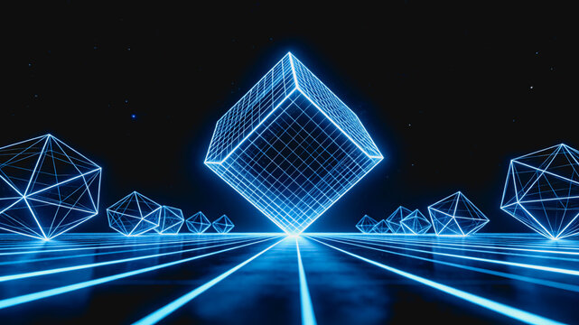 3D wireframe geometric shapes, including a central glowing cube, rendered in a dark futuristic digital space with neon lines and perspective depth.