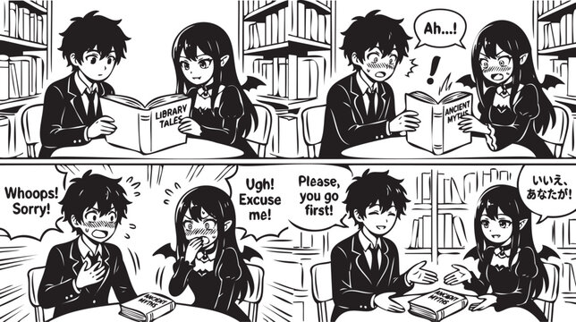 Comic strip about studying for the exam. Anime style book illustration. Student in the library with demons.