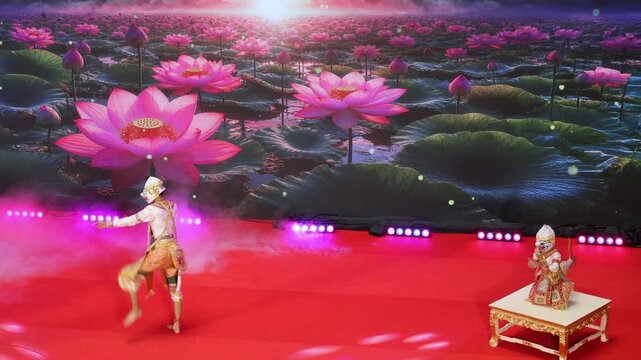 Traditional Thai masked dance showcasing Hanuman scouting the underworld while Matchanu mimics washing his face