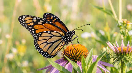 Obraz premium Monarch Butterfly Resting on a Wildflower in a Green Meadow