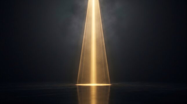 Abstract glowing golden light beam cone on dark studio background representing spotlight, energy and premium concept.