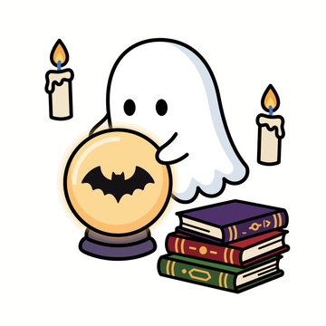Cute ghost holding magical crystal ball with old books and candles