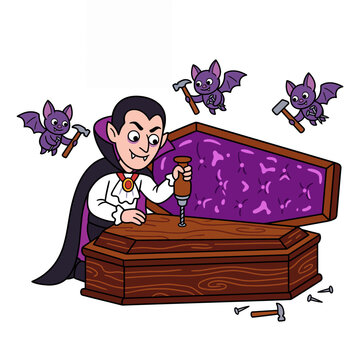 Vampire and cute bats building a wooden coffin together