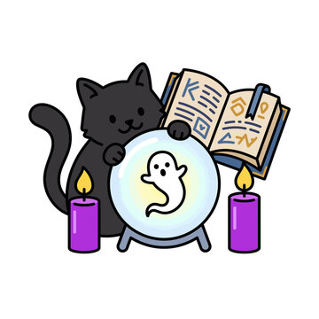 Black cat holding crystal ball with ghost and magic book