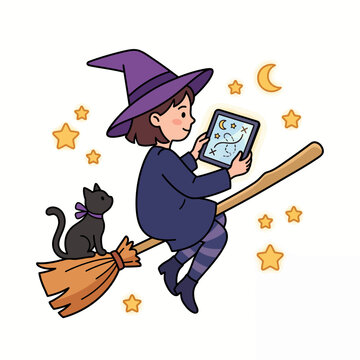 Young witch flying on broomstick with cat using digital tablet