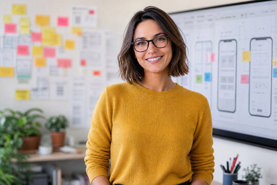 Confident female UX designer in creative office. Professional woman developer in yellow sweater. App design specialist at workstation.