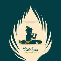 Happy Janmashtami greeting card with baby Krishna playing flute, dahi handi pot and peacock feathers vector illustration. © krevia