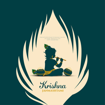 Happy Janmashtami greeting card with baby Krishna playing flute, dahi handi pot and peacock feathers vector illustration.