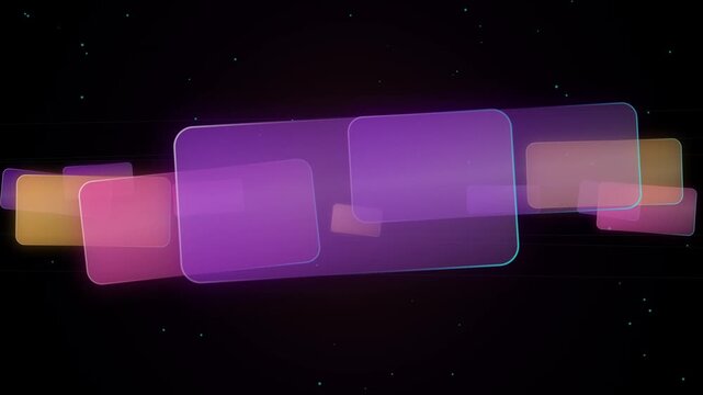Abstract purple glowing rectangles on black background. Floating translucent geometric shapes. Modern digital motion graphic for video overlays.