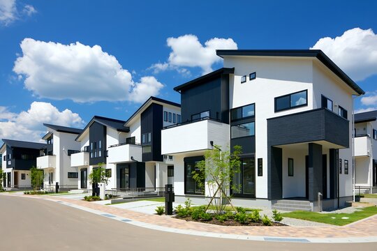 快晴の青空が広がる新しいモダンな戸建て住宅地の美しい街並み