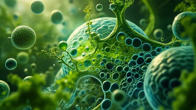 Abstract cellular structures with fluid bubbles during organic growth under soft natural lighting cinematic