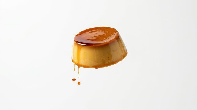 Sweet Creamy Flan Custard Dessert with Golden Caramel Sauce Dripping Down Isolated on Plain White Studio Background