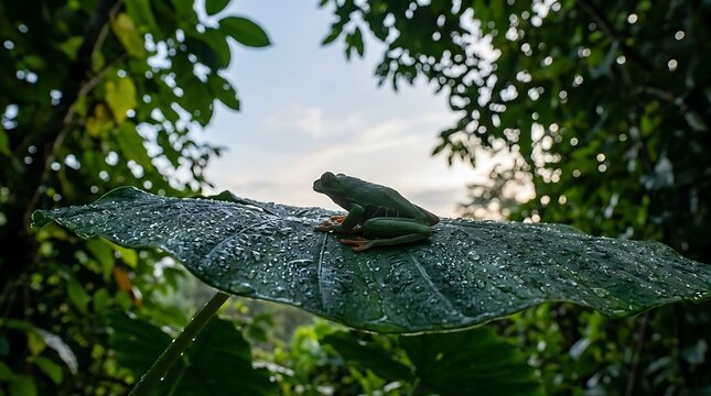 Close-up of a frog on a wet leaf in lush greenery for wildlife and nature themes