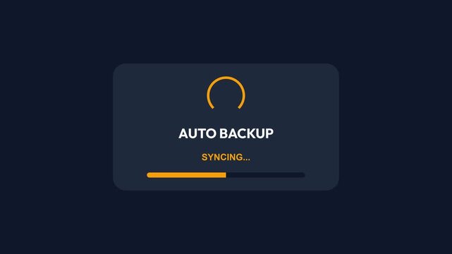 Animated auto backup syncing process, colorful progress bar filling up, tech interface with rotating loading icon, symbolizing data security and cloud storage for technology and business