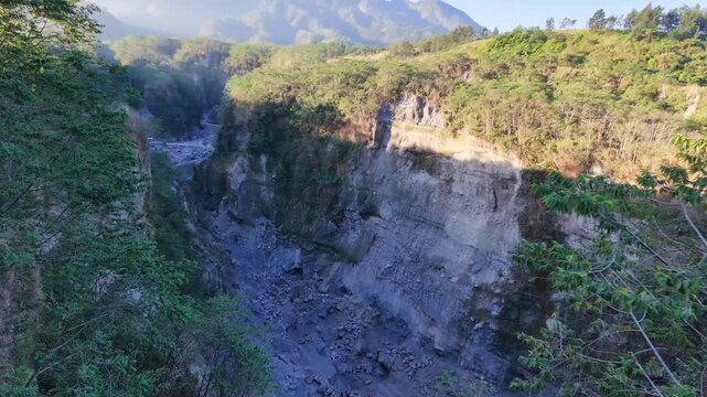 Aerial drone view deep kali gendol valley near mount merapi