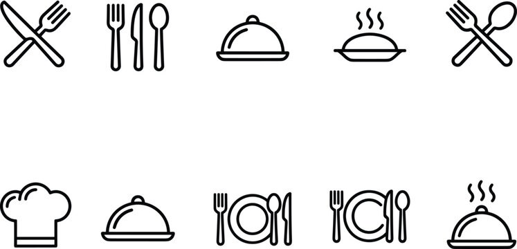 Catering thin line icon set. Containing fork, spoon, knife, plate, cloche, tray, chef hat, beverage, food and waiter. Cutlery or tableware in restaurant. Vector illustration.