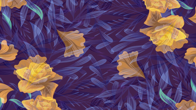 Seamless Tropical Botanical Pattern with Transparent Purple Leaves and Vibrant Yellow Flowers on Dark Violet Background