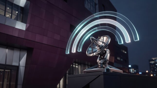 Modern satellite dish antenna with glowing light rings in dark night sky