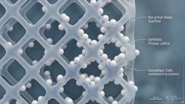 Close-up 3D render of bio-active glass scaffold with synthetic porous lattice and osteoblast cells represented as spheres