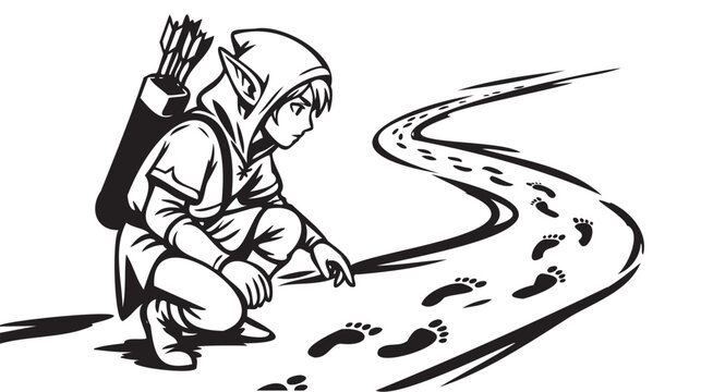 Fantasy elf ranger character tracking footprints, black and white vector illustration, medieval fantasy hero with quiver, adventure scene, monochrome artwork