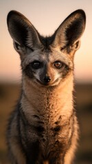 Fototapeta premium Bat eared fox portrait with large ears and alert eyes. Warm light shines on its fur. Wild mammal gazes intently outdoors. This close-up shows African creature in its natural habitat.