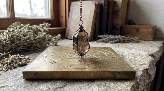 Wire-wrapped smoky quartz pendulum suspended over engraved brass zodiac divination board for mystical witchcraft altar