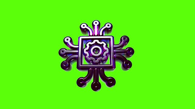 Shiny metallic computer chip icon with a gear symbol in the center representing modern technology
