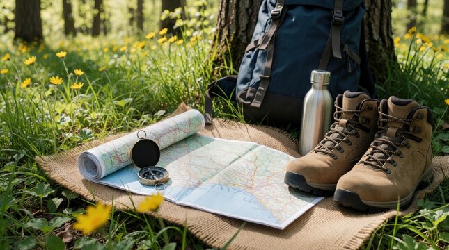 Hiking gear including boots map compass and water bottle are laid out on grass near tree. Backpack rests against trunk. Sunny forest background with small yellow flowers and green foliage.