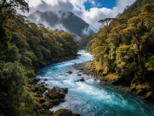 Naklejka premium Mountain river flows through dense green forest and rocky shores. Turquoise water rushes past mossy stones. Majestic peaks rise above misty woodlands. A wild, untouched natural scene.