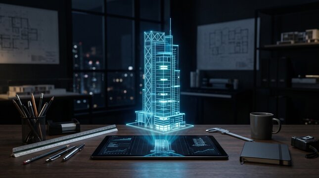 3D holographic wireframe skyscraper model projected above digital tablet on office desk, conveying futuristic architectural design