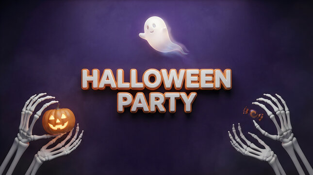 Skeleton hands holding jack o lantern for halloween party with ghost decoration illustration