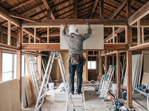 住宅改築工事現場で男性作業員が石膏ボード壁張り作業