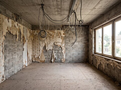 未完成の建物室内で改装進むリノベーション工事風景
