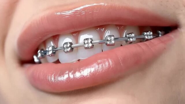 Triptych close-up of smiling mouth with metal braces and glossy pink lips
