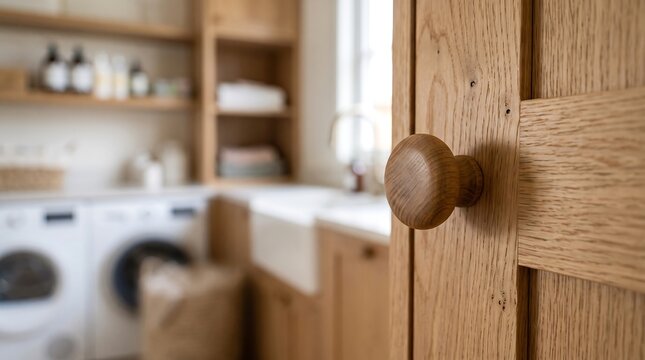 Wooden cabinet knob on laundry room door with blurred interior background