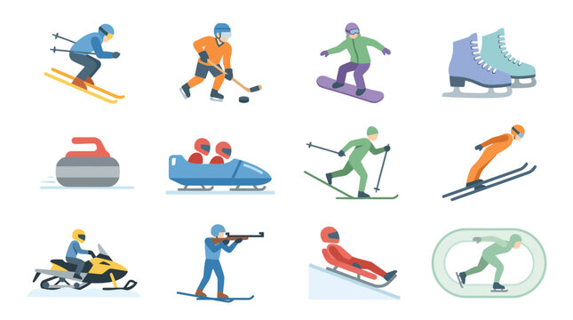 Winter sports athletes in action poses.