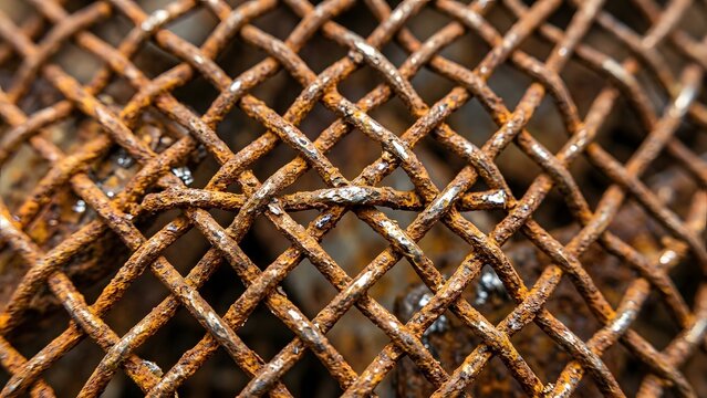 Close-up macro shot of a rusty metal chain-link fence with diamond pattern texture and orange-brown corrosion