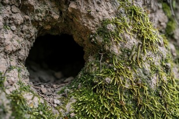 Naklejka premium Hole in earthen bank with green moss growing on soil. Natural underground entrance, dark cavity, rustic outdoor texture. Wildlife shelter, animal burrow for small creature habitat.