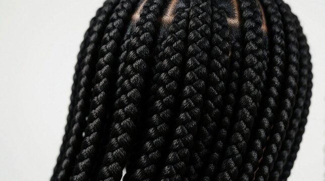 Closeup of neat black box braids, showing intricate texture and uniform pattern. Natural hair styled in neat braids against a clean white backdrop. Perfect for beauty and fashion content.