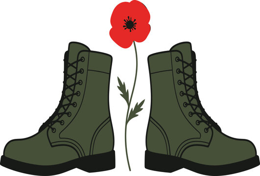 A pair of green military combat boots standing on either side of a single red poppy flower