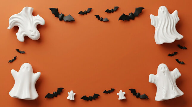 Halloween background with ghost cookies and small bats on orange