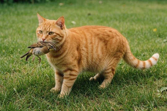 Orange cat walks on green grass holding small bird in mouth. Domestic pet shows hunting instinct outdoors in daytime backyard. Animal catches prey in summer garden.